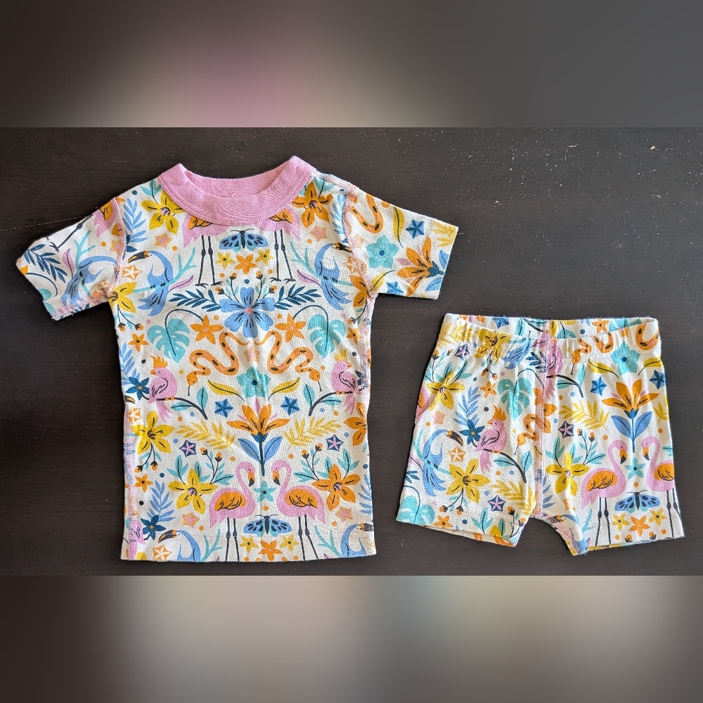 VGUC Hanna Andersson 3T Flamingo Tropical Floral Short John Sleeve Pajamas Pink